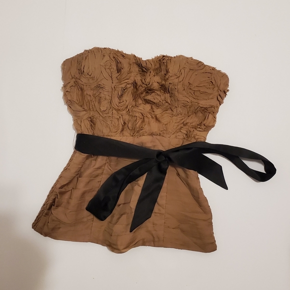 BEBE Beige Tan Ruffle Strapless Waist Bow Tie Corset Top - Size XXS, … - Picture 5 of 6